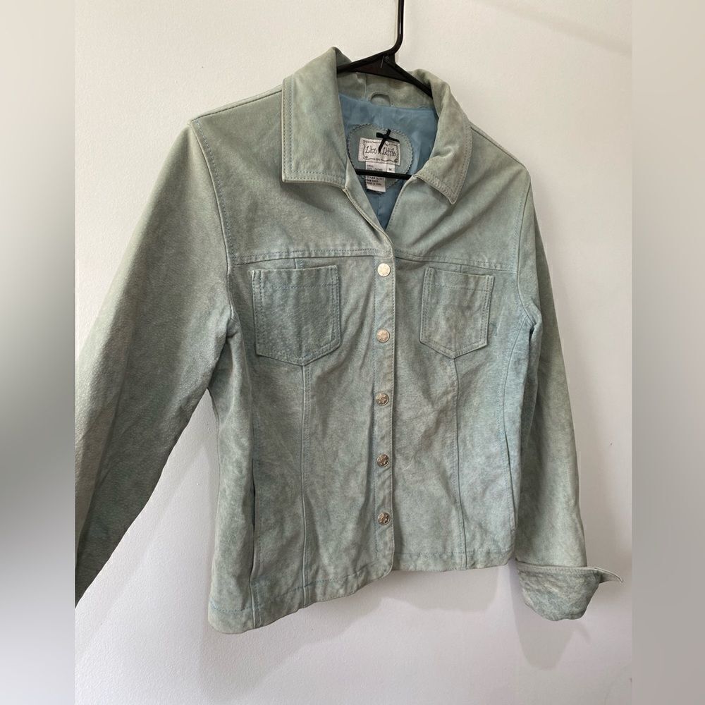Authentic vintage genuine suede leather light blue green teal jacket coat